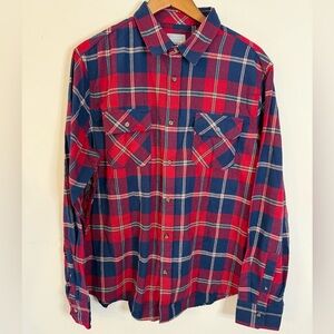 Berkeley Jensen preppy plaid outdoorsy button up flannel shirt red blue white LG